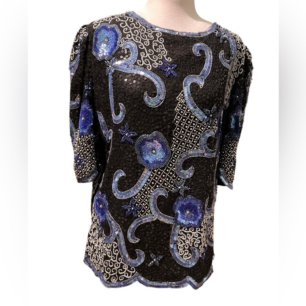 Elegant 100% pure silk Black and Blue Women's Top size M - Picture 3 of 9